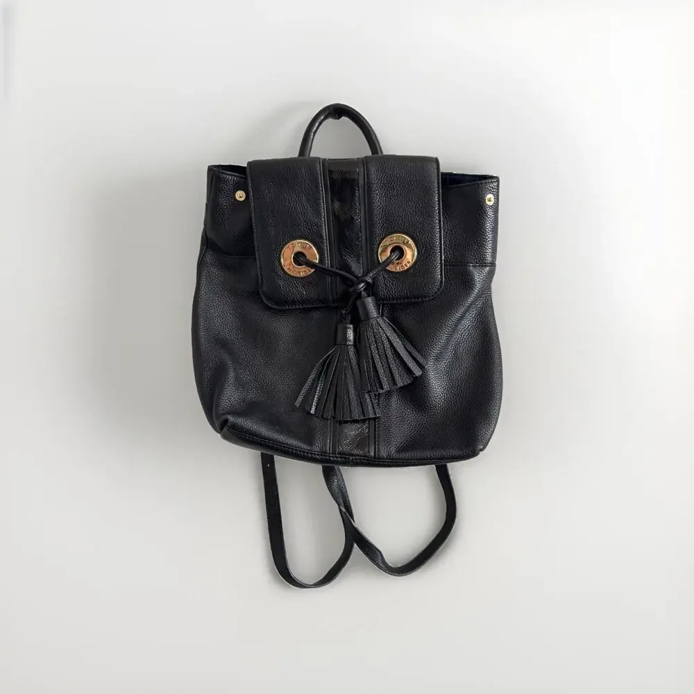 Tommy Hilfiger Leather Black Backpack Gold Hardware Classic Inner Pockets Tassle